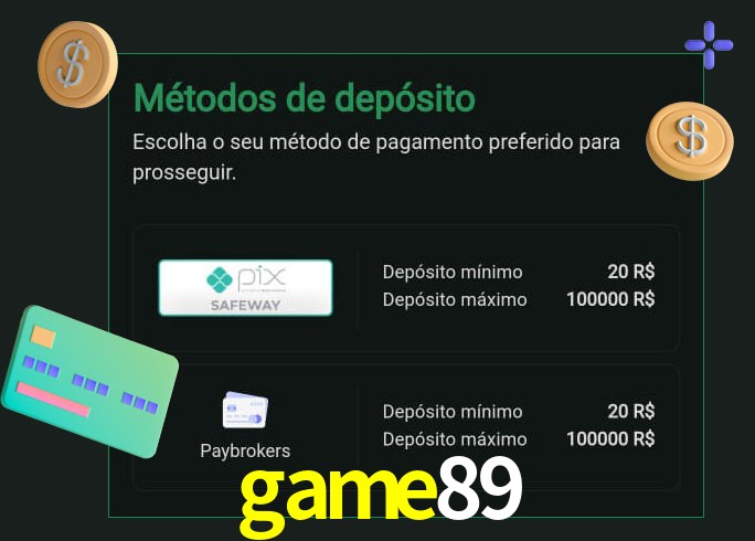 O cassino game89 oferece uma grande variedade de métodos de pagamento